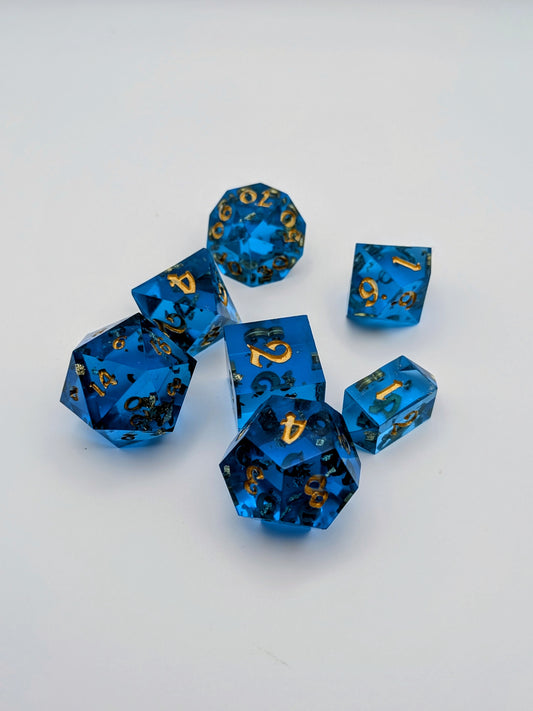 “Wish Upon a Roll” – Handcrafted Sapphire Blue Dice Set with Gold Flake | Premium Polyhedral RPG Dice for D&D and Tabletop Games