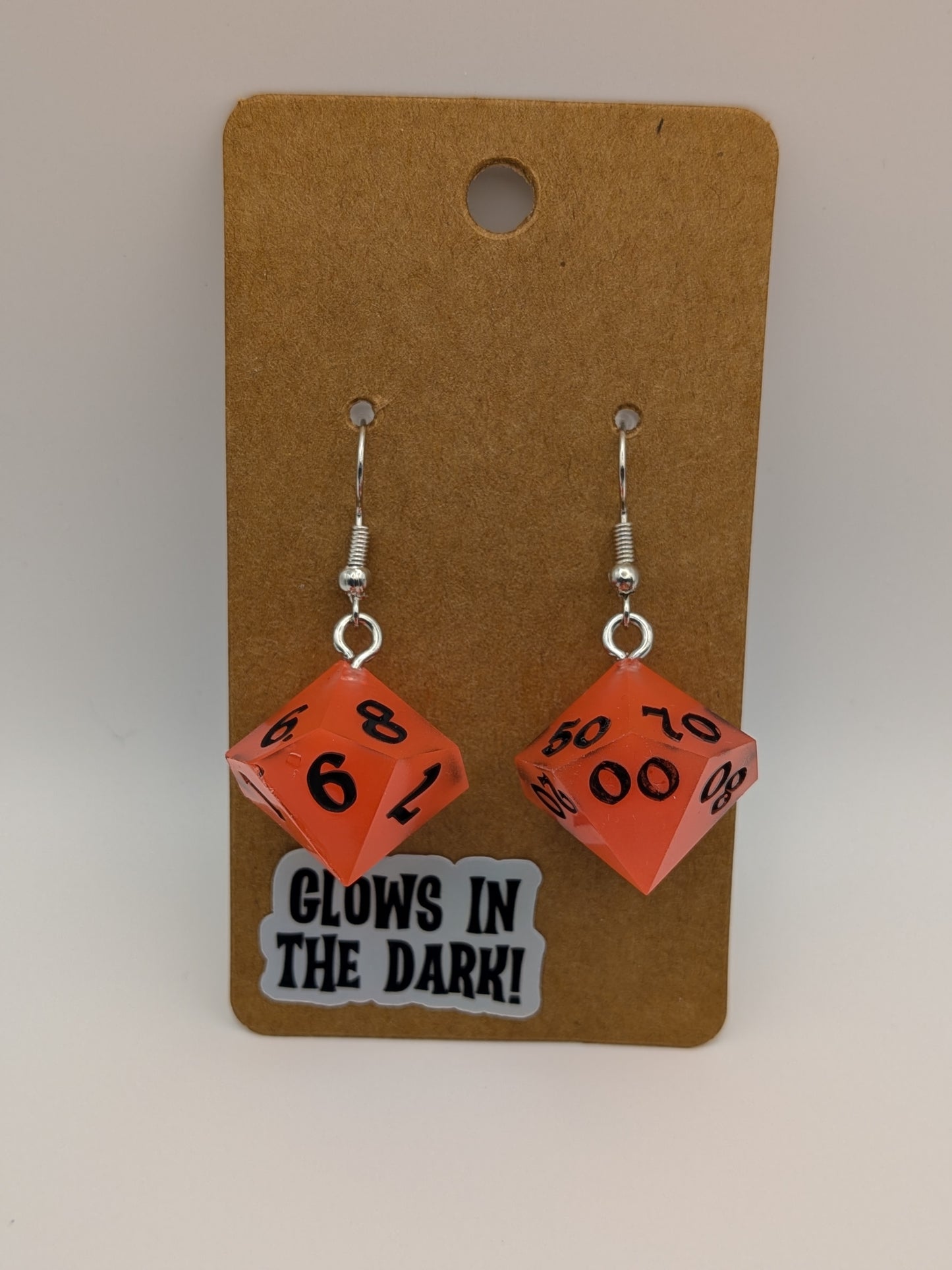 Glow-in-the-Dark Dangly Dice Earrings – Handcrafted Resin Dice Jewelry - Orange/Black