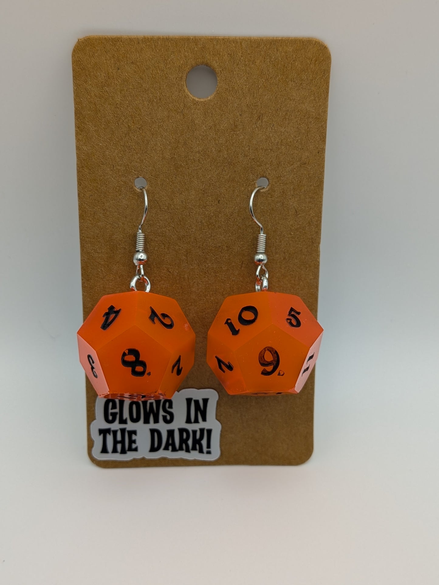 Glow-in-the-Dark Dangly Dice Earrings – Handcrafted Resin Dice Jewelry - Orange/Black