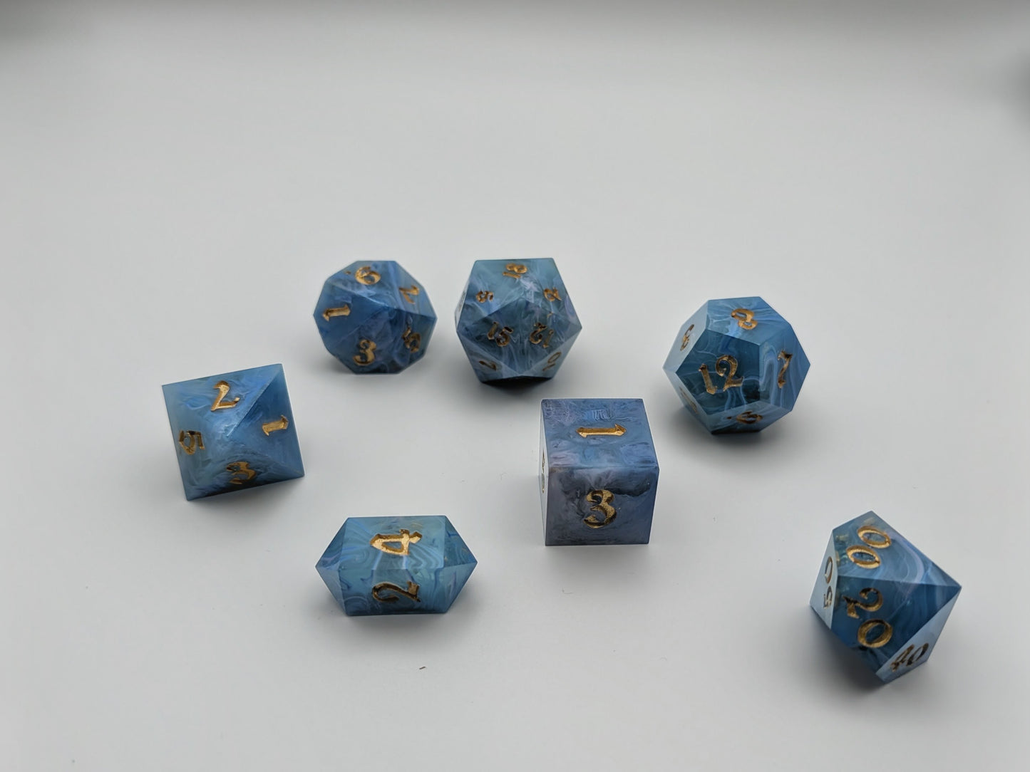 Handcrafted Blue & Purple Swirl Dice Set with Gold Ink – Premium RPG Polyhedral Dice for D&D and Tabletop Games