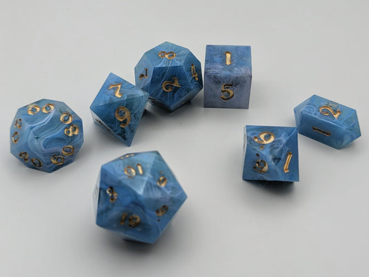 Handcrafted Blue & Purple Swirl Dice Set with Gold Ink – Premium RPG Polyhedral Dice for D&D and Tabletop Games