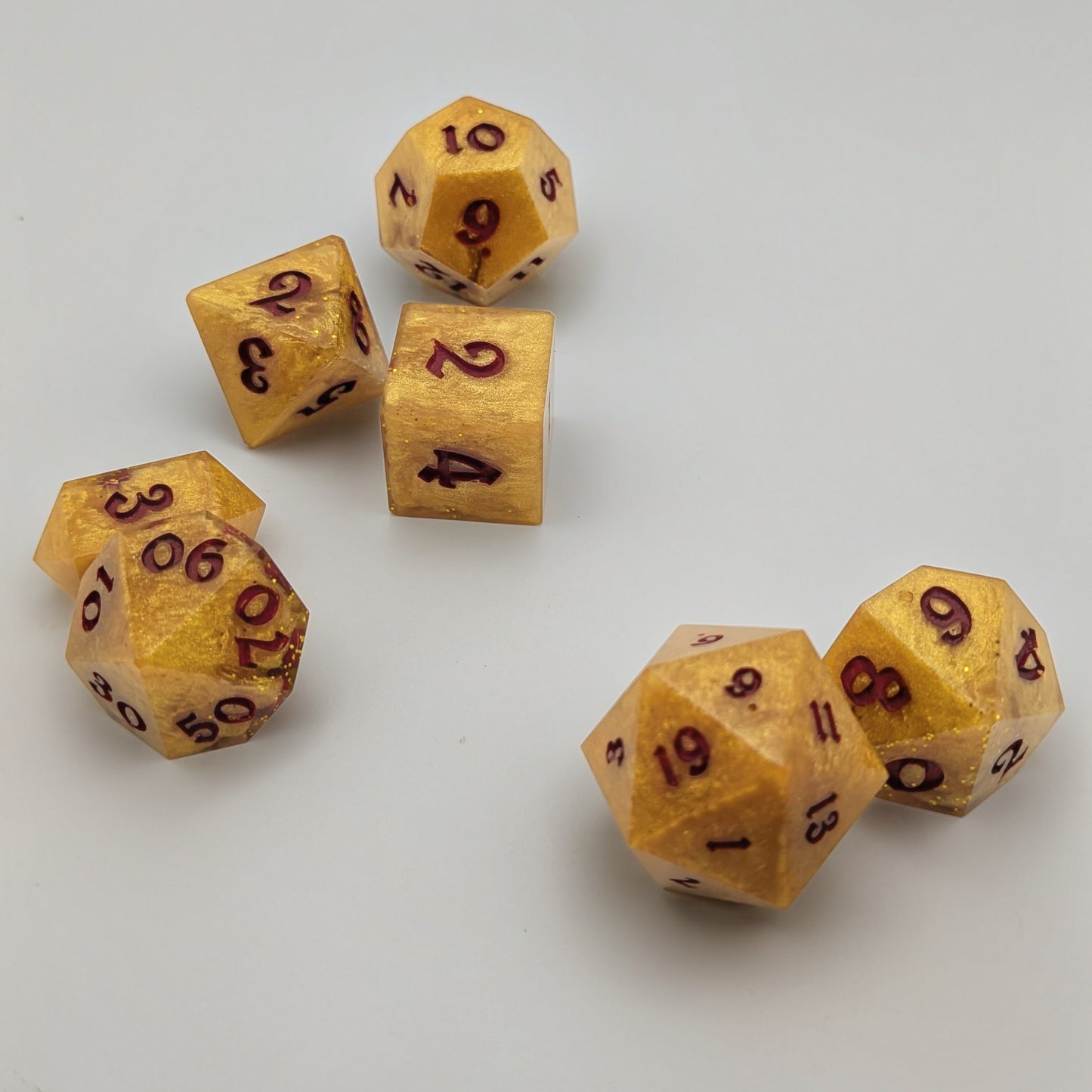"Gilded Fate" – Handcrafted Sparkling Gold Dice Set with Dark Red Ink | Premium RPG Polyhedral Dice for D&amp;D and Tabletop Games