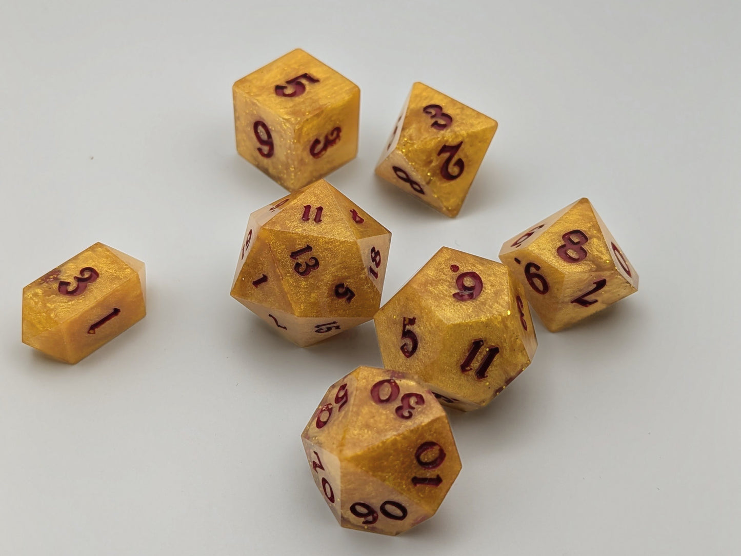 "Gilded Fate" – Handcrafted Sparkling Gold Dice Set with Dark Red Ink | Premium RPG Polyhedral Dice for D&amp;D and Tabletop Games