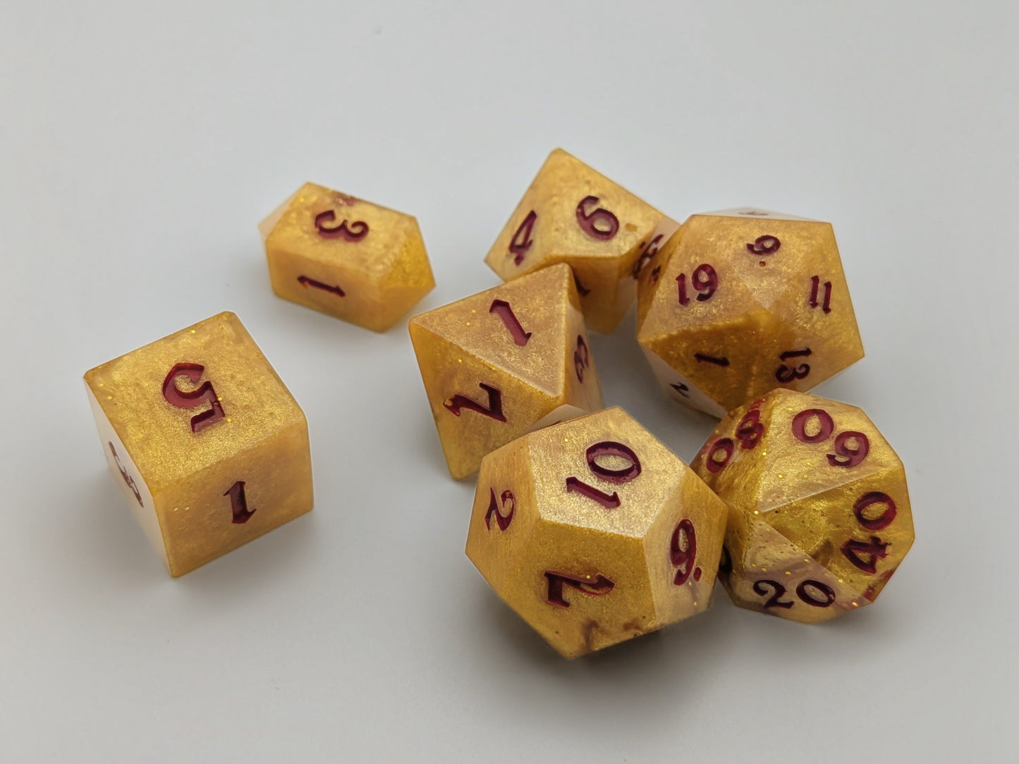 "Gilded Fate" – Handcrafted Sparkling Gold Dice Set with Dark Red Ink | Premium RPG Polyhedral Dice for D&amp;D and Tabletop Games
