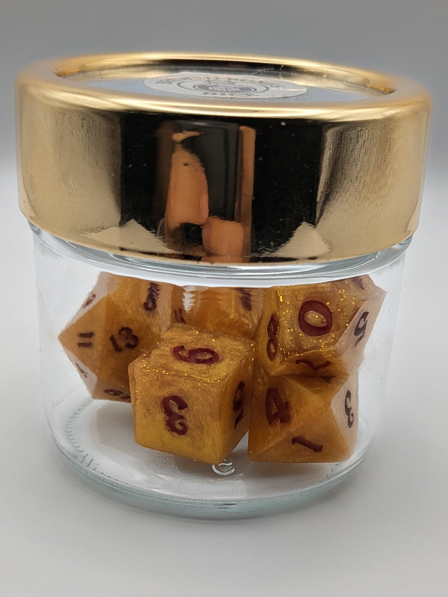 "Gilded Fate" – Handcrafted Sparkling Gold Dice Set with Dark Red Ink | Premium RPG Polyhedral Dice for D&amp;D and Tabletop Games