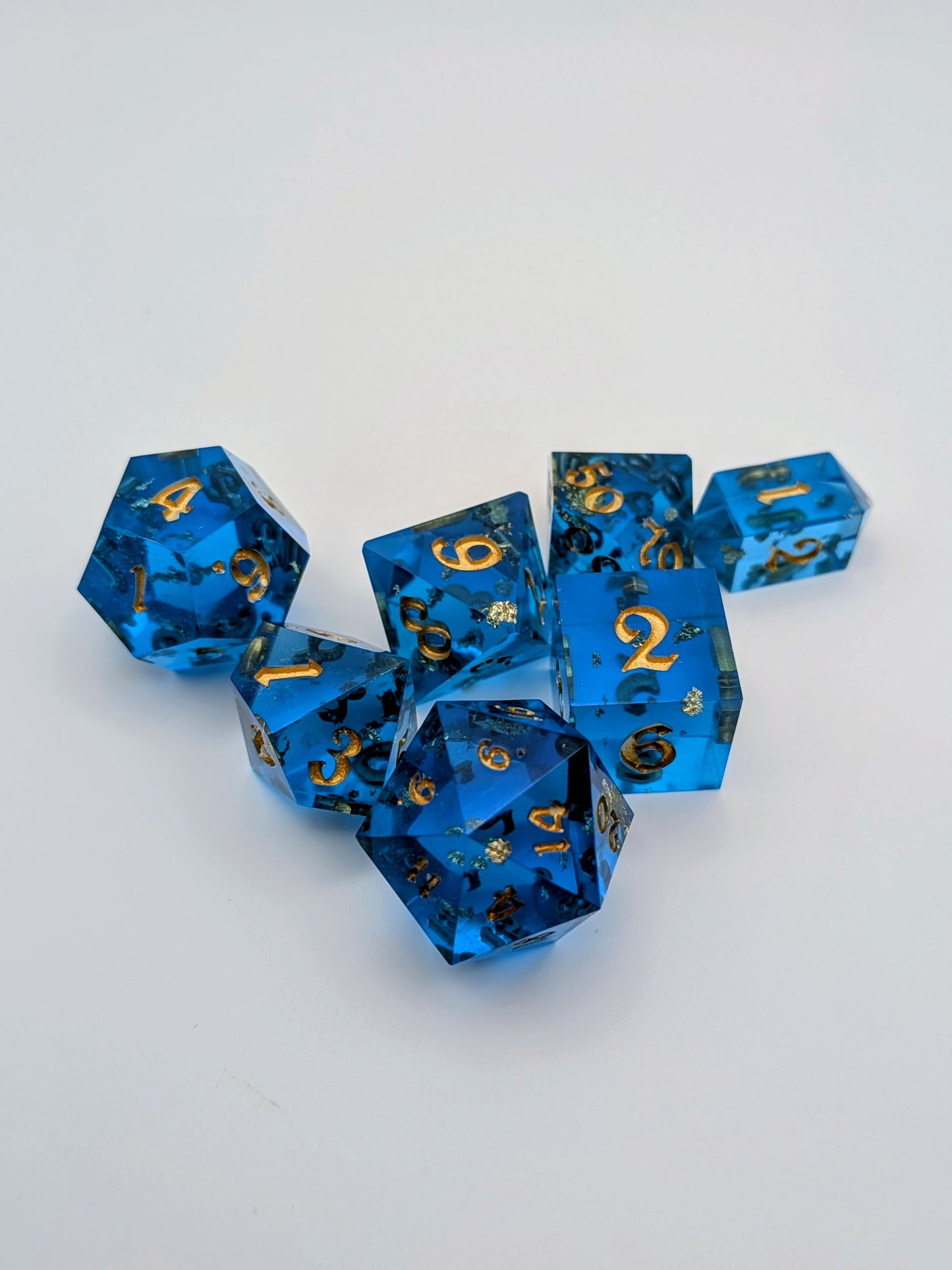 “Wish Upon a Roll” – Handcrafted Sapphire Blue Dice Set with Gold Flake | Premium Polyhedral RPG Dice for D&D and Tabletop Games