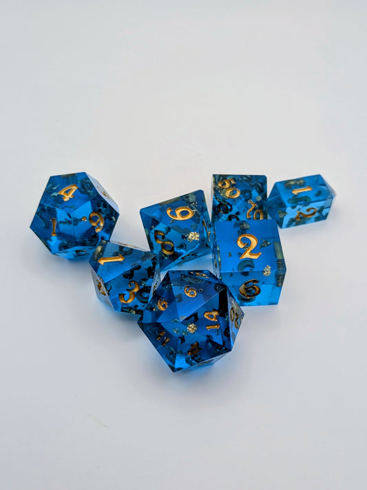 “Wish Upon a Roll” – Handcrafted Sapphire Blue Dice Set with Gold Flake | Premium Polyhedral RPG Dice for D&D and Tabletop Games