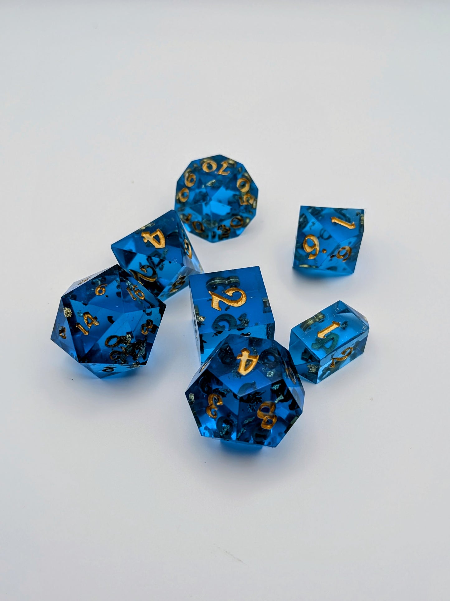 “Wish Upon a Roll” – Handcrafted Sapphire Blue Dice Set with Gold Flake | Premium Polyhedral RPG Dice for D&D and Tabletop Games