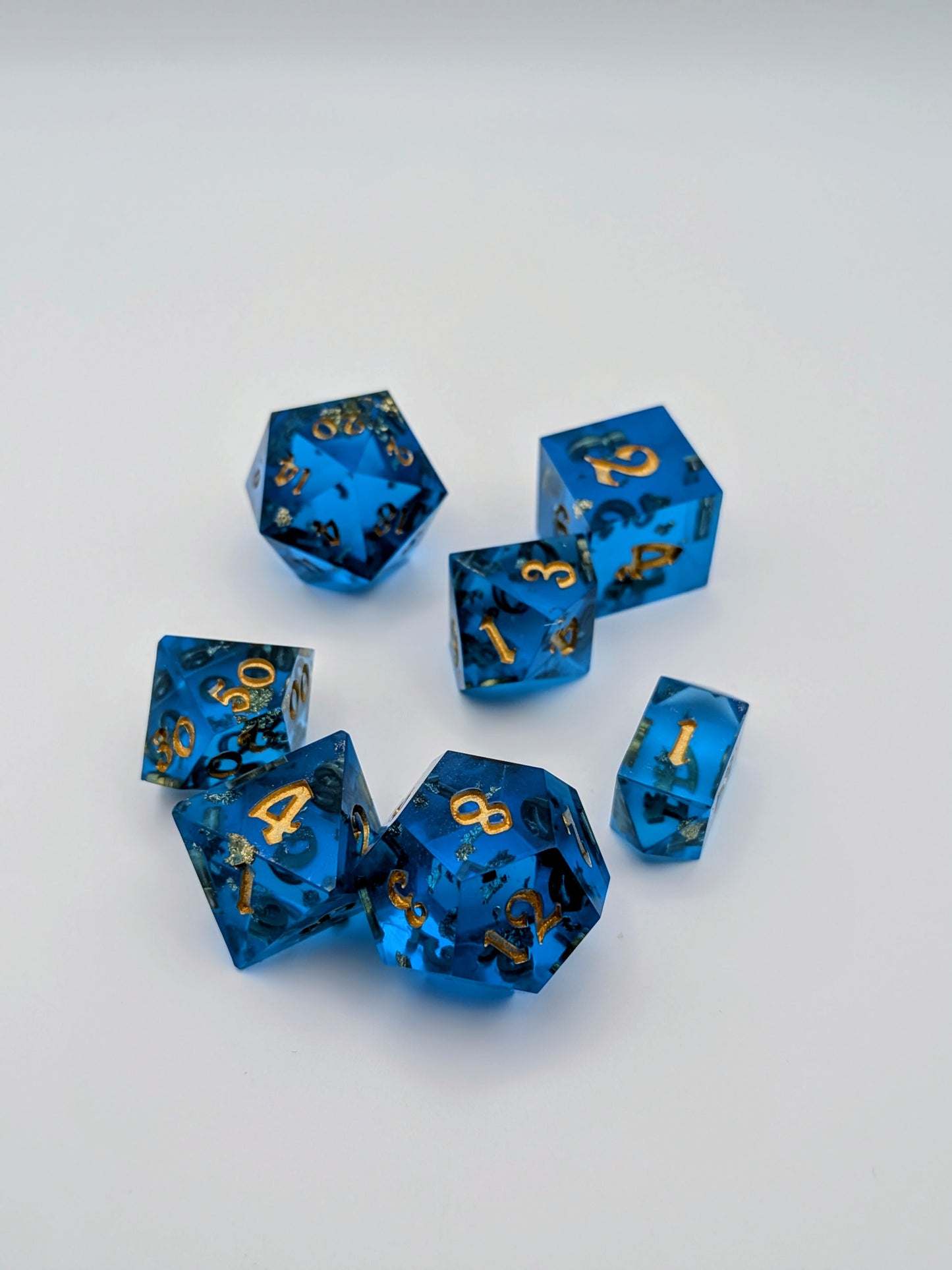 “Wish Upon a Roll” – Handcrafted Sapphire Blue Dice Set with Gold Flake | Premium Polyhedral RPG Dice for D&D and Tabletop Games