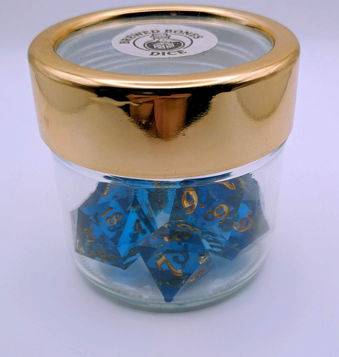 “Wish Upon a Roll” – Handcrafted Sapphire Blue Dice Set with Gold Flake | Premium Polyhedral RPG Dice for D&D and Tabletop Games